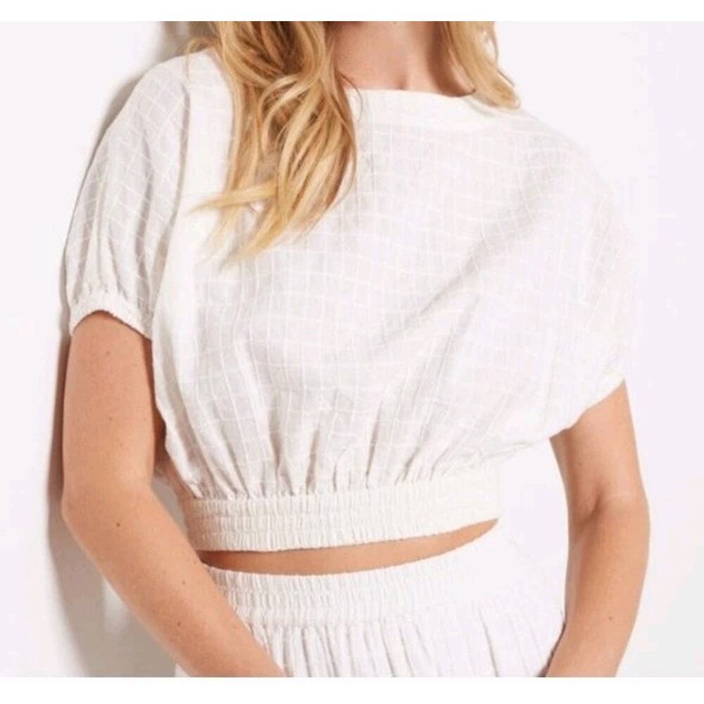 Faherty Cala Windowpane Shirt White Sz XL Crop Top Organic Cotton